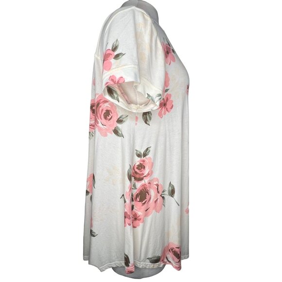 Lula Roe Medium Top short Sleeve Round Neck White Pink Floral Stretch - Picture 9 of 14